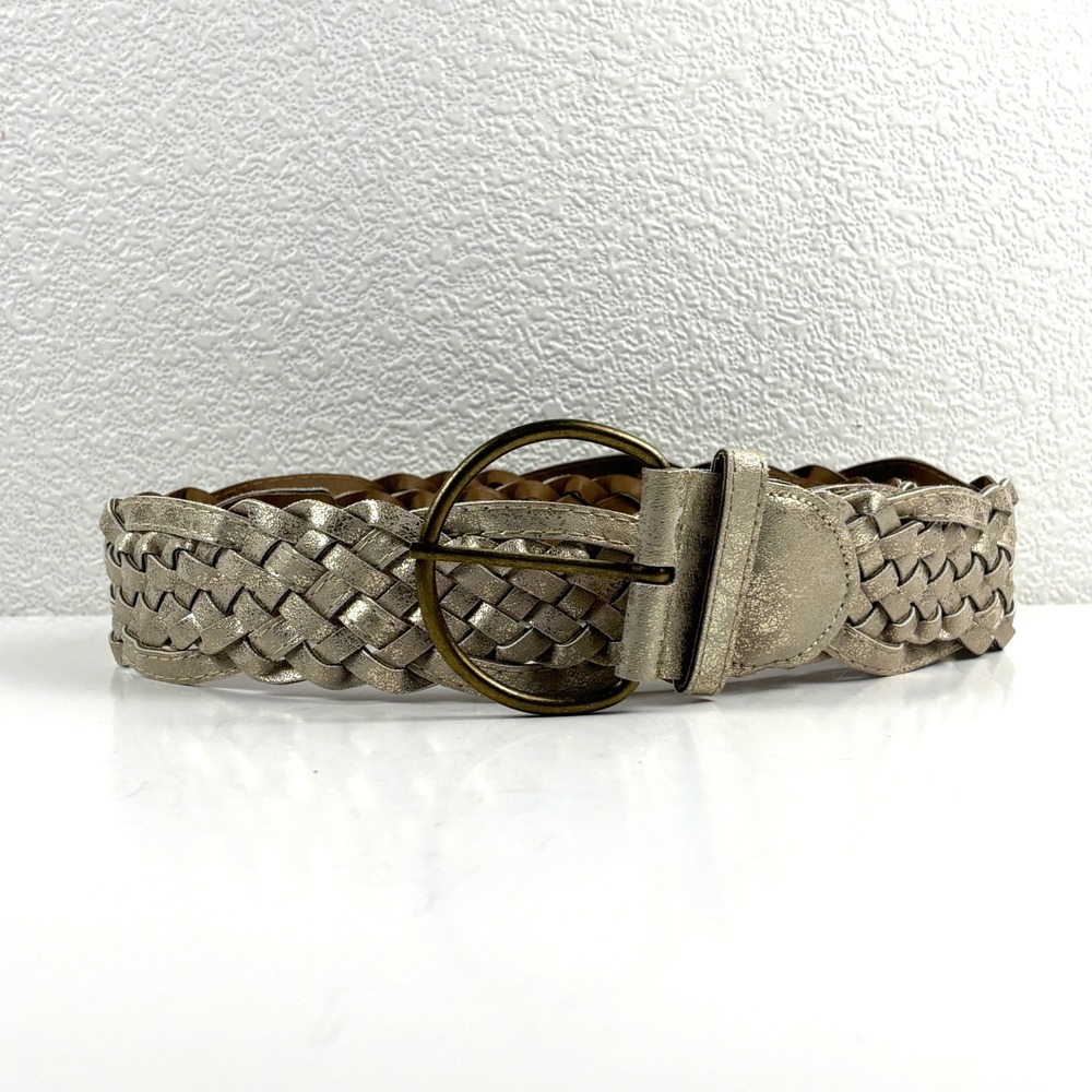 Braided Woven Belt Womens L Gold Metallic Round Buckle Wide